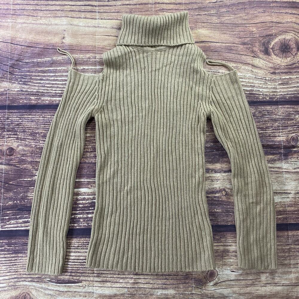 Love by Chesley Varsity Brown Turtle Neck Sweater Open Shoulder Women’s Large